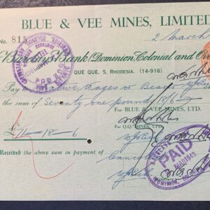 Lot 179. Rhodesian 1943 cheque